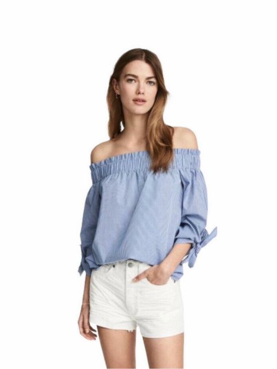 H&M Tops - H&M Off-Shoulder Blue Stripe Tie-Sleeve Top
